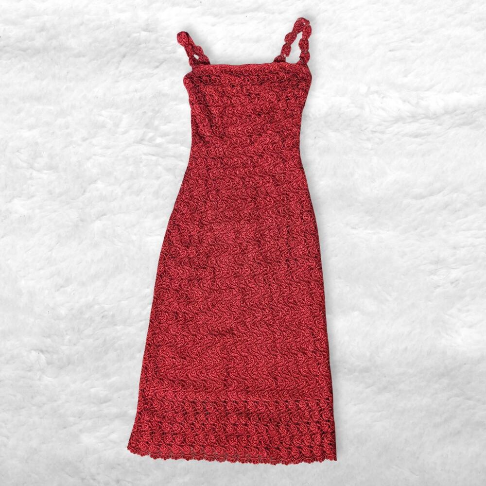 handmade one of a kind red rosette lace maxi dress
